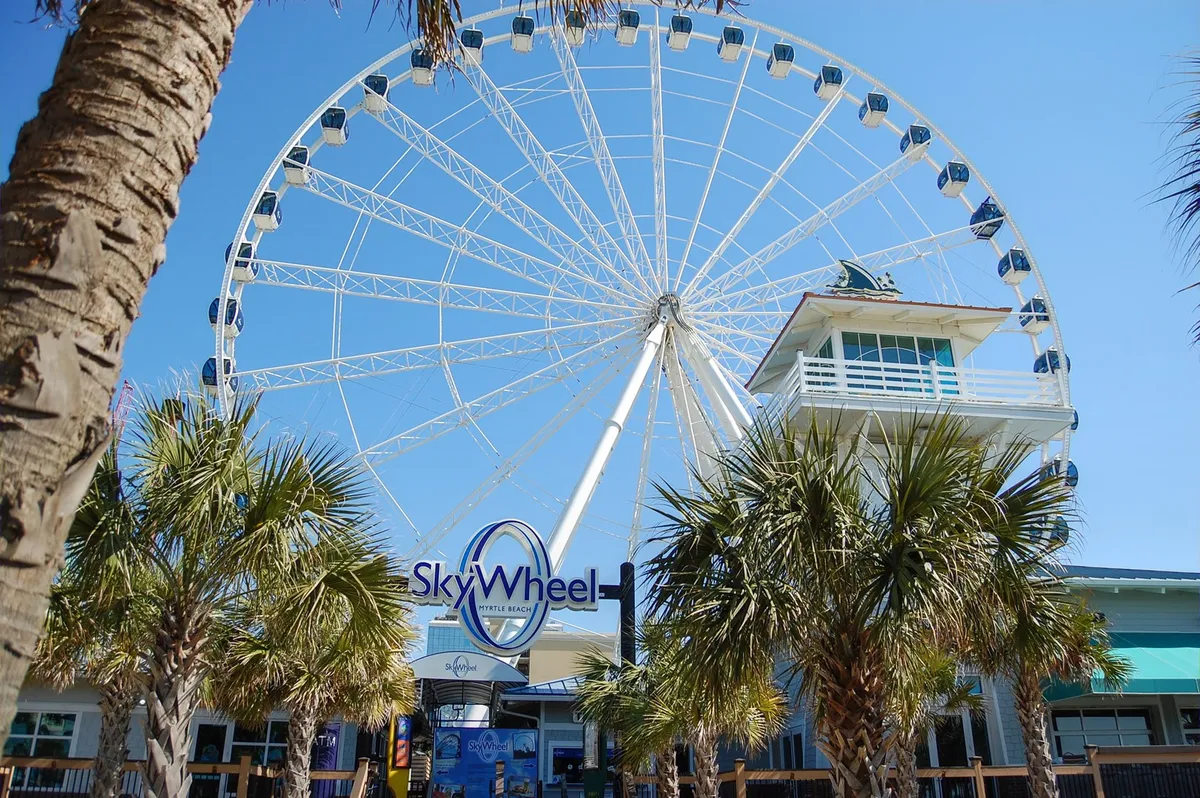 A large, iconic Ferris wheel (the SkyWheel) rises above palm trees and a ticket booth, with a clear blue sky overhead. Families and groups mill about, ready for a day of excitement and panoramic ocean views.